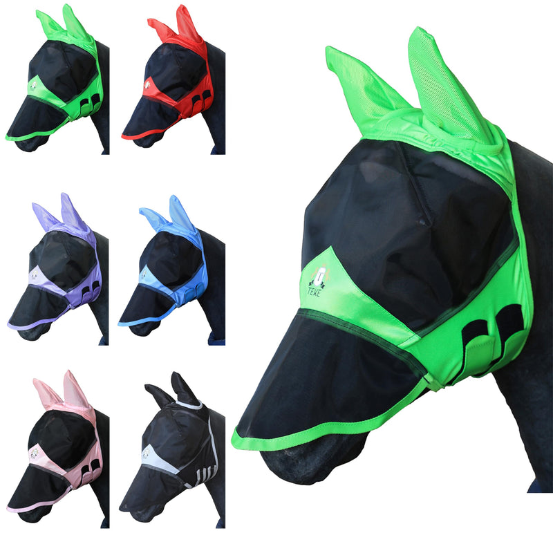 T TEKE Fine Mesh Horse Fly Mask w/Ears & Nose, UV Blocking 3D Eye Visor with Extra Fleece Cushioned Forehead, Protection from Insect Pests Full Green - PawsPlanet Australia