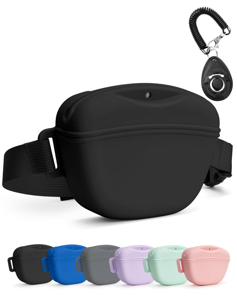 Dog Treat Pouch with Training Clicker, Upgrade Stronger Magnetic Closure to Avoid Spilling, 1.67 Cup Silicone Treat Bag Fanny Pack with Waist Belt for Pet Training Walking (Black) Black - PawsPlanet Australia