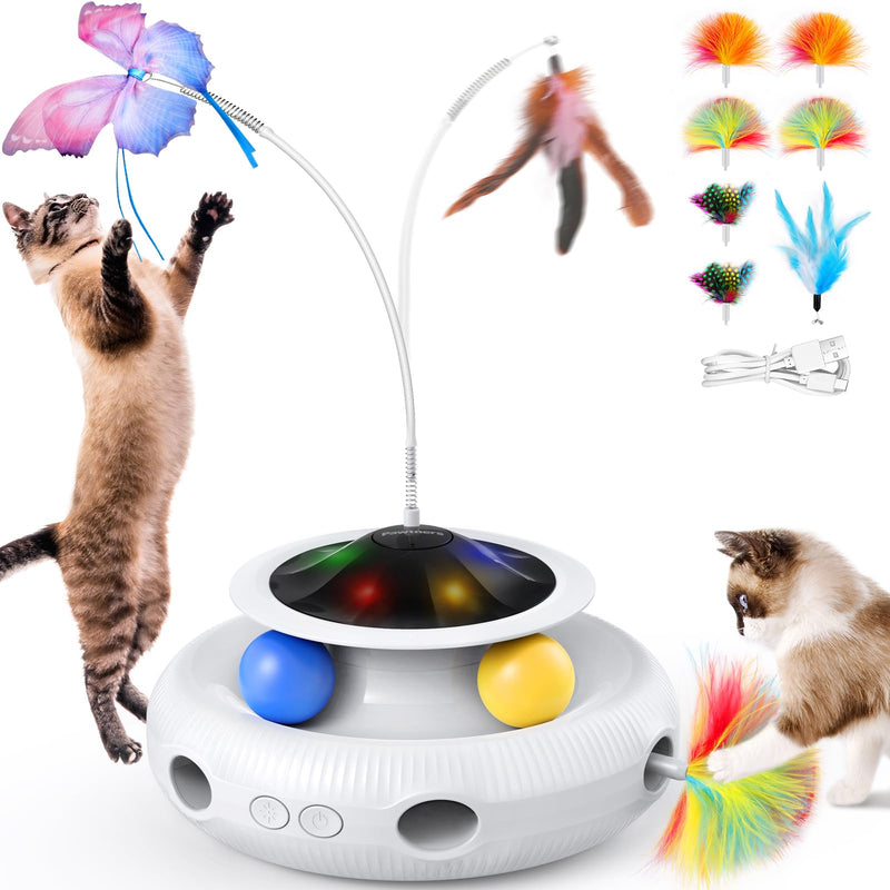 Interactive Cat Toy: 3 in 1 Automatic Interactive Kitten Toys for Indoor Cats Rechargeable with Fluttering Butterfly, Track Balls and Ambush Feather White - PawsPlanet Australia