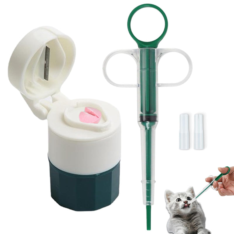 2 Pcs Pets Pill Shooter & Pill Crusher and Cutter, Pet Piller Gun for Tablets, Pet Medical Feeding Dispenser Soft Tip Syringe for Cats & Dogs, Portable Pill Splitter Multifunction Pill Box Green-1 - PawsPlanet Australia