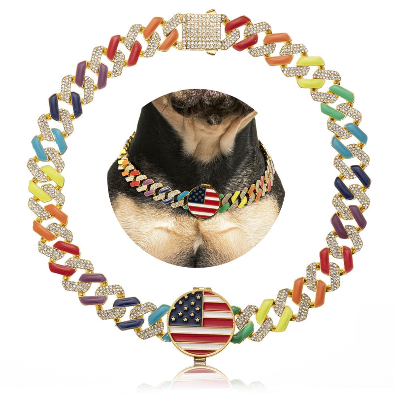 Gold Chain Dog Collars with Personalized, Diamond Collar Cuban Link 19MM Strong Heavy Duty Chew Proof, Dog Collar with AirTag Holder, Pet Collar for Small Medium Large Dogs (L:18"-22") L:18"-22"