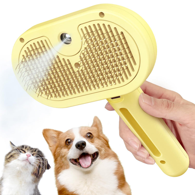 Spray Cat Brush for Shedding, 3 in 1 Self Cleaning Dog Brush Remove Static Flying Hair for Long and Short Hair Dogs and Cats to Remove Tangled and Loose Hair (Yellow) - PawsPlanet Australia