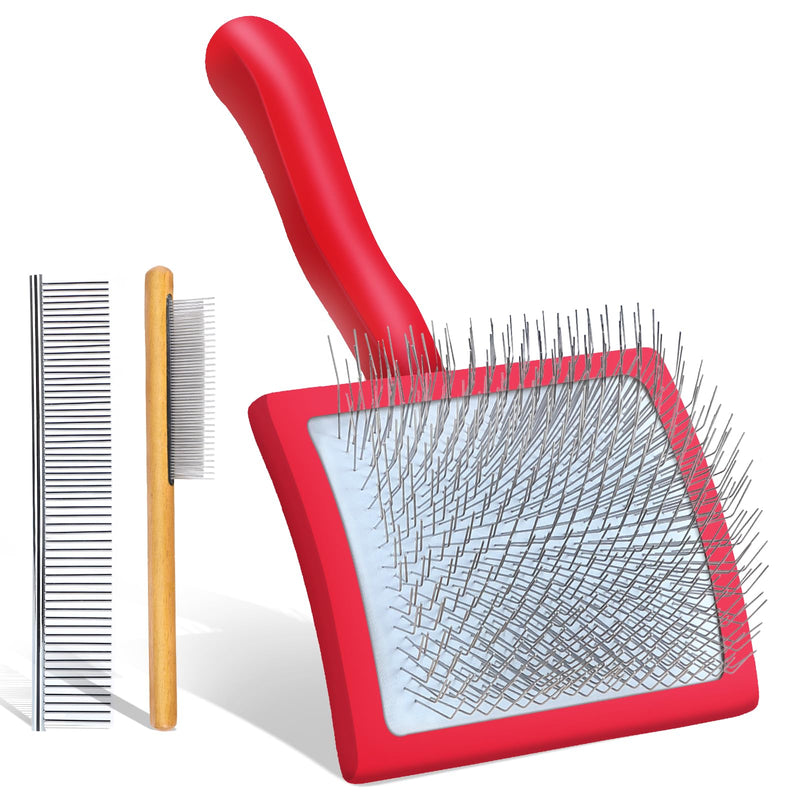 Slicker Brush for Dogs, Large Long Pin Dog Grooming Brush for Doodles Goldendoodles Poodles Labradoodle Bernedoodles, 3 Pcs Wooden Handle for Mats Tangles - Red