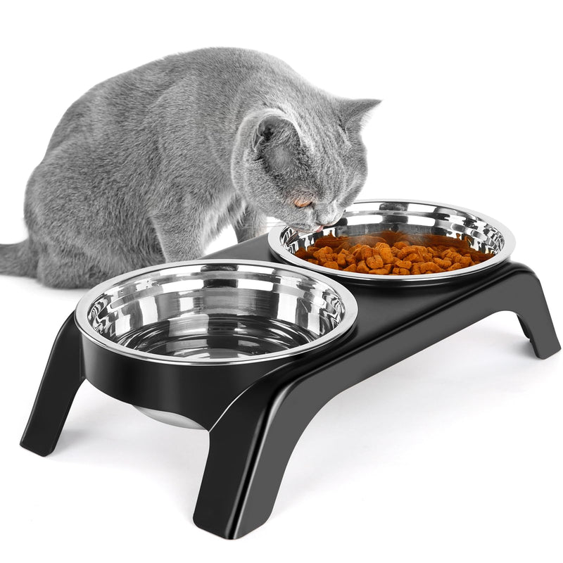 Elevated Cat Bowls, Anti Vomiting Raised Cat Food Bowl with 2 Stainless Steel Bowls, Prevent Neck Pain Cat Bowl Set, ABS Anti Slip Stand Cat Bowls for Indoor Cats & Puppies (Black) Black - PawsPlanet Australia