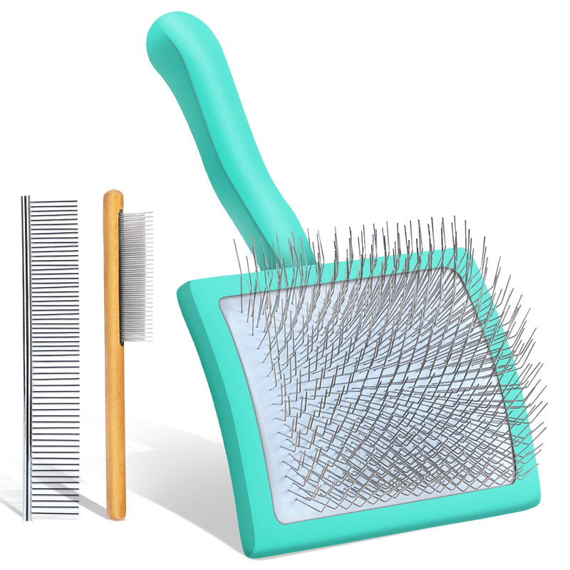 Dog Slicker Brush for Medium or Long Haired Dogs, Long Pin Slicker Brush for Removes Loose Hair, Tangles and Knots, Best Grooming Tools for Small Animals, Large, Free Pet Comb, Green - PawsPlanet Australia