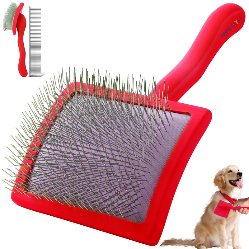 Dog Slicker Brush for Shedding and Grooming Medium or Long Haired Cats, Extra Long & Soft Pin Slicker Brush for Removes Loose Hair, Tangles, Knots, Undercoat, Free Pet Comb, Large Red - PawsPlanet Australia