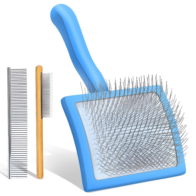 Dog Slicker Brush for Medium or Long Haired Dogs, Long Pin Slicker Brush for Removes Loose Hair, Tangles and Knots, Best Grooming Tools for Small Animals, Large, Free Pet Comb, Blue - PawsPlanet Australia