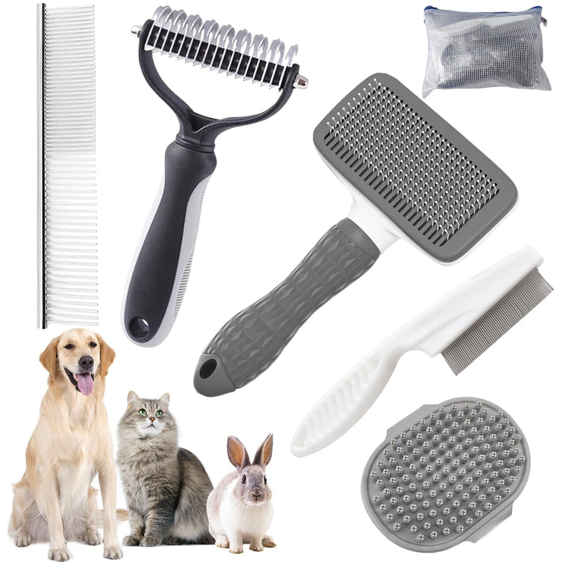 Dog Brush for Shedding,6 PCS in One Pet Slicker Hair Brush Kit Organizer Bag - Dog Cat Grooming Deshedding Undercoat Rake Brush Comb for All Small Large Dogs Cats Grey 6-Grey - PawsPlanet Australia