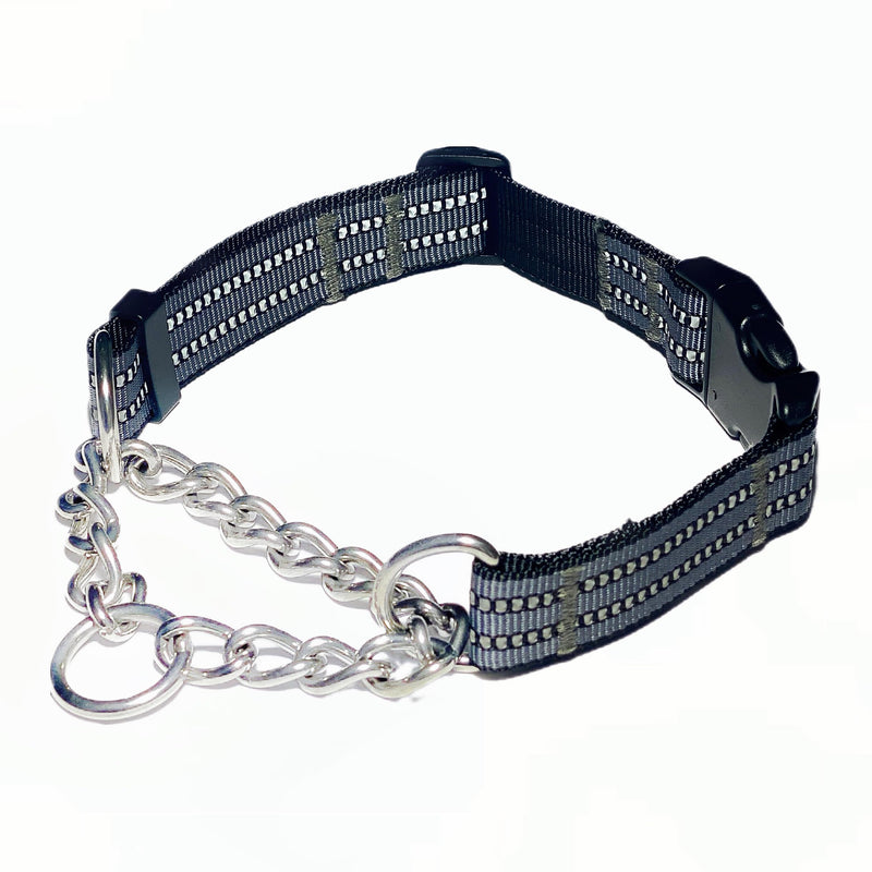 Martingale Collars for Dogs, Heavy Duty Stainless Steel Chain Training Collar, Reflective Nylon Adjustable Collar with Quick Release Buckle, Suitable for Puppy Medium Large Dogs (Gray, M) Medium-(for dog's neck 16''~20.5'') Gray - PawsPlanet Australia