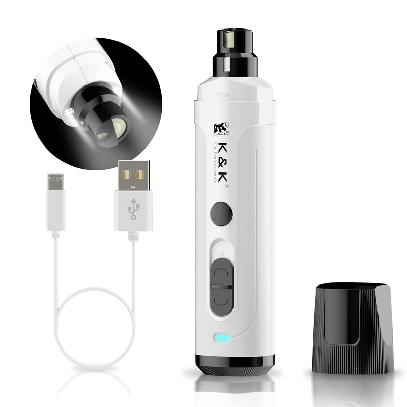 K&K Dog Nail Grinder with 2 LED Light for Large Medium Small Dogs Professional 2-Speed Powerful Electric pet Nail Clipper which Gentle and Painless Paws Grooming & Smoothing Tool (White) White - PawsPlanet Australia