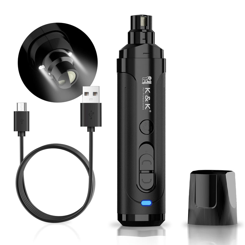 K&K Dog Nail Grinder with 2 LED Light for Large Medium Small Dogs Professional 2-Speed Powerful Electric pet Nail Clipper which Gentle and Painless Paws Grooming & Smoothing Tool (Black) Black - PawsPlanet Australia