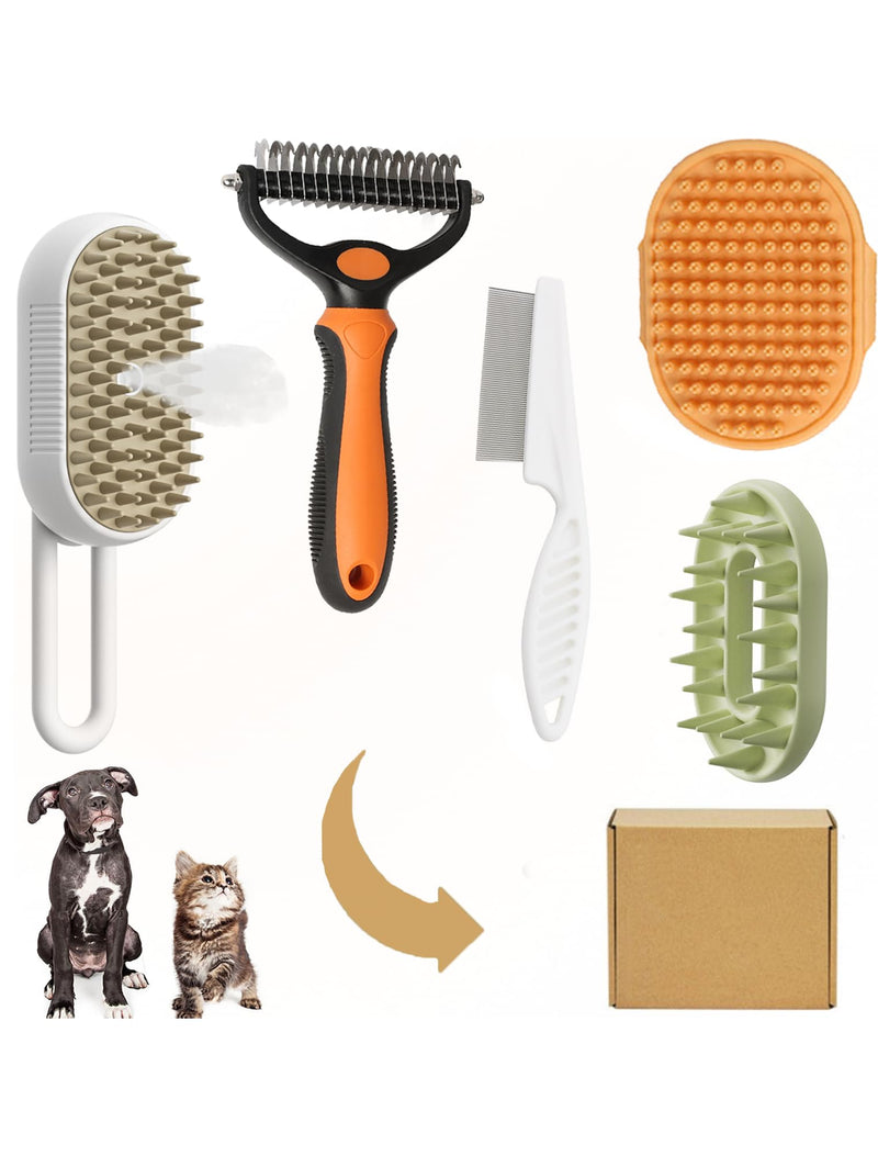 5 Pack Cat Steam Brush Kit - Pet Mist Water Brush for Dogs, Includes Steamy Brush, Undercoat Rake, Bath Brush, Flea Comb - Dynamic Dematting Tool White - PawsPlanet Australia