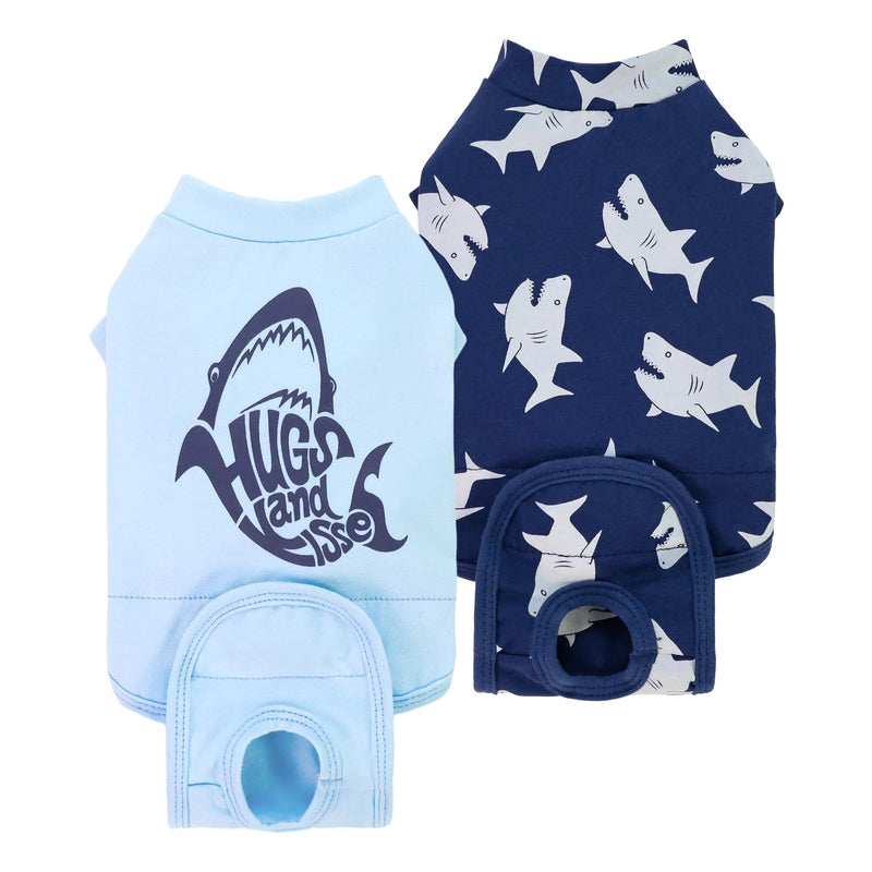 Fitwarm 2 Pack Shark Dog Recovery Suit for Surgery Spay Neuter, Surgical Onesie for Male and Female Dogs, Body Suits for Prevent Licking Wounds, Breathable Cotton, Navy Blue, Light Blue, XXL XX-Large - PawsPlanet Australia