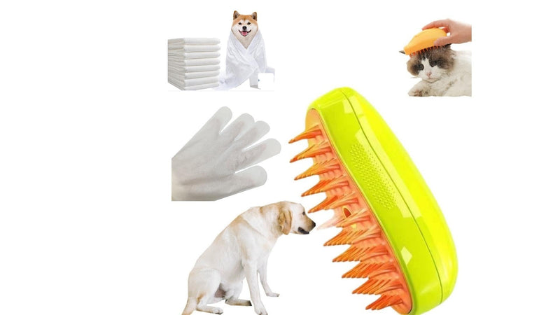 Steamy Cat Brush, Pet Steam Brush for Dog, 3-In-1 Grooming Tool, Mango yellow - PawsPlanet Australia