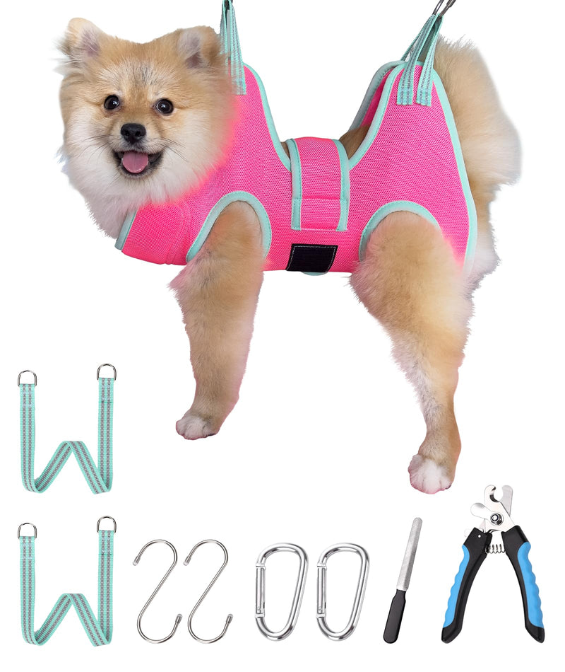 Dog Grooming Hammock,XS Pink Hanging Harness Holder for Nail Clipping/Trimming,Grooming Sling Hanger with Thick Fabric Neck Support,Strap Restraint for Claw Care X-Small 8-14 LB/Pink - PawsPlanet Australia