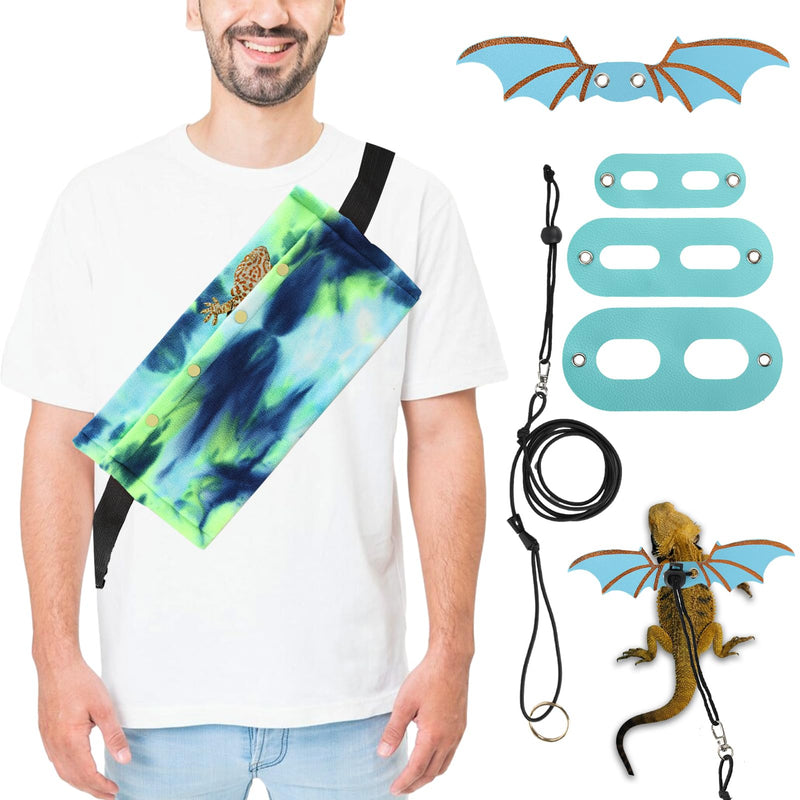 Esmorah Bearded Dragon Carrier and Leash Harness with Wings, Small Animal Sling Carrier and Reptile Carrier, Lizard Adjustable Harness and Sling Bag for Outdoor Travel Walking Rest Blue-green + Blue Wing Leash - PawsPlanet Australia