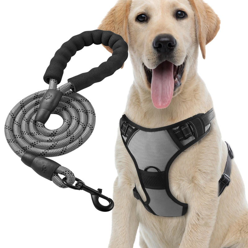 No Pull Dog Harness with A Free Heavy Duty 5FT Dog Leash, Adjustable Soft Padded Dog Vest with Easy-Control Handle, Reflective No-Choke Pet Oxford Vest for Medium Dogs (Grey,M) Grey - PawsPlanet Australia