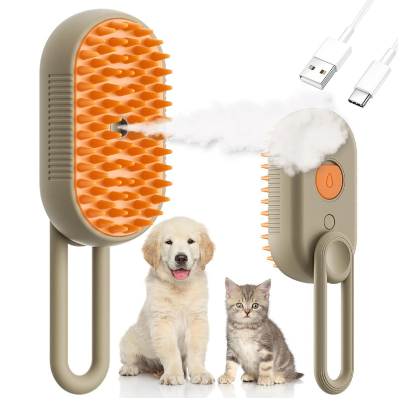 Steam Cat Cordless 3-in-1 Silicone Massaging Grooming Brush With Built-in Lithium Battery, Removes Static and Flying Pet Hair for Cats and Dogs (Beige) Beige - PawsPlanet Australia
