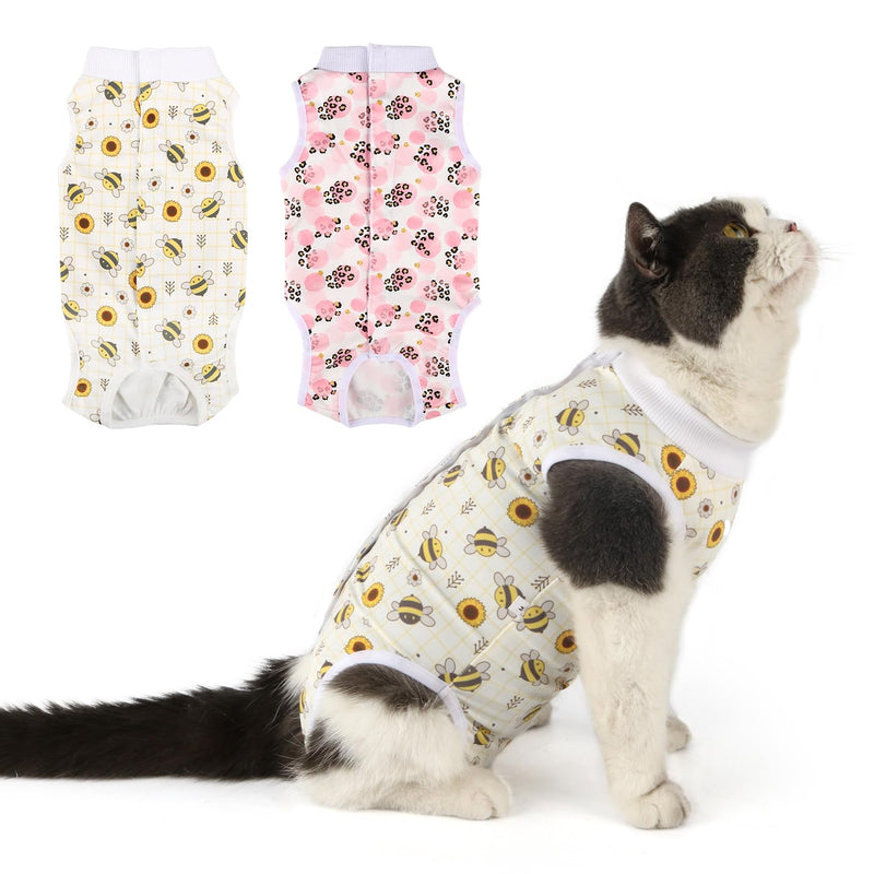 2 Packs Cat Surgery Recovery Suit Surgical Clothes Abdominal Wounds Anti-Licking Cat Bodysuit Onesie Substitute E-Collar& Cone Small Yellow Bee + Pink Leopard - PawsPlanet Australia