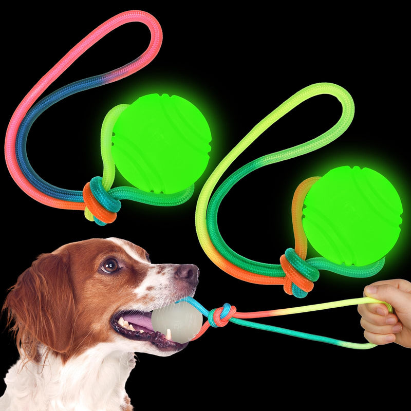 2 Pcs Glow in The Dark Dog Training Ball on Rope 2.36 Inch 12 Inch Rope Glowing Rubber Dog Toys Dog Pull Tug Throw Toys with Handle Reward Fetch Exercise Ball for Small Large Medium Dogs - PawsPlanet Australia