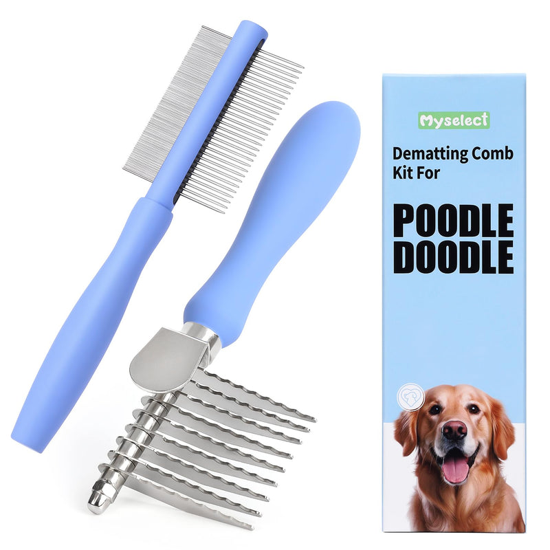 Dematting Comb for Dogs Poodle Doodle, Dematting Rake & Detangling Dual-Sided Comb Tool for Long Curly Haired Poodle Doodle Goldendoodles & Any Mix, Grooming Brush Kit for Removing Mats and Tangles Blue - PawsPlanet Australia