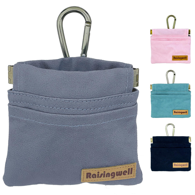 Dog Treat Pouch, Small Cotton Pocket Sized Training Holder, Hand Free Walking Fanny Bag with Carabiner, Self-Closing Pet Feed Snack Reward, Behavior Aids for Puppy Travel or Outdoor (Grey) Grey - PawsPlanet Australia