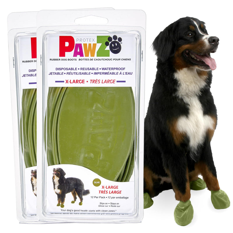 PawZ Rubber Dog Boots for Large Paws - All-Weather Waterproof Dog Shoes, Anti-Slip Traction for Rain, Snow, Mud & Hot Pavement - Pull-On Dog Booties, Olive Green - X-Large (4" +) - Pack of 24