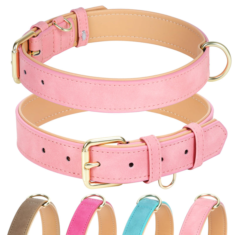 Leather Dog Collar for Small Medium Large Dogs, Soft Padded Dog Leather Collar with Heavy Duty Gold Buckle, Durable & Comfortable for Large Dogs Daily Walking (Pink, L) L:Neck 15-20.5’’, Width 1.0’’ Pink - PawsPlanet Australia