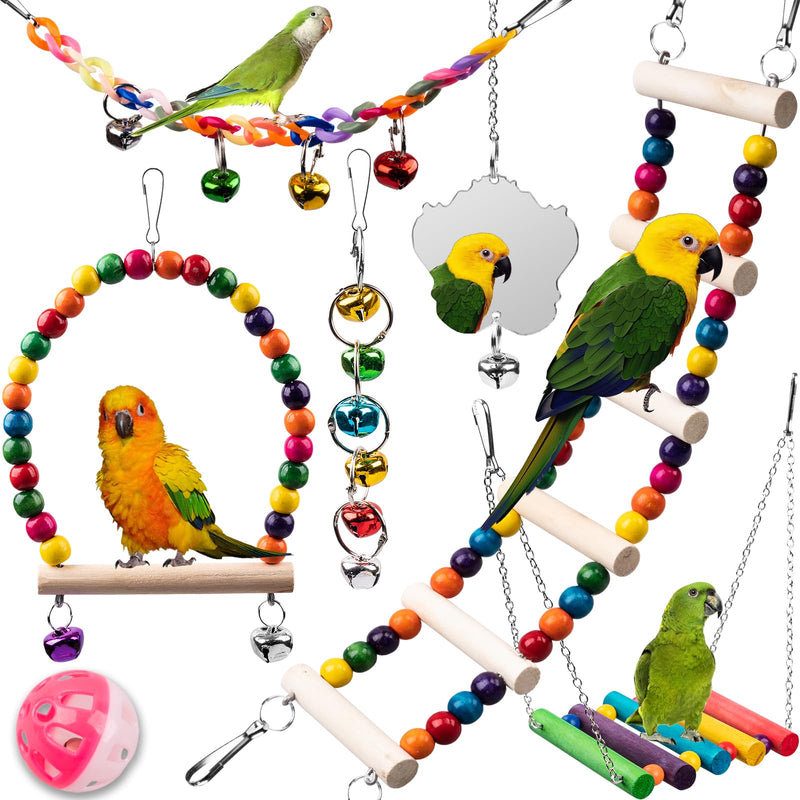 Bird Toys for Parakeets 7Pcs, Wood Parrots Toys Budgie Toys for Bird Cage Accessories, Bird Perch Swings for Small Birds Toys, Conure Cockatiel Toys, Bird Ladder Swing for Parakeets Climbing 18'' - PawsPlanet Australia