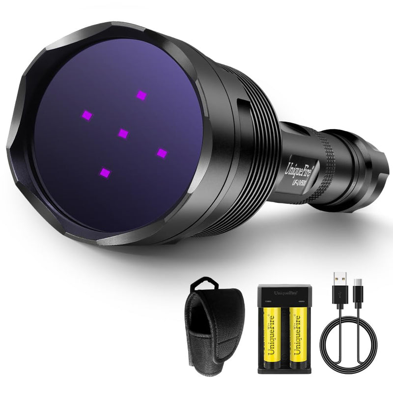 UniqueFire 365nm Black Light UV Flashlight with 5 LEDs Professional UV Light, 50W Powerful Blacklight Flashlight Rechargeable for Pet Urine Finding & Mineral, Antique Detection, Scorpion Search, etc - PawsPlanet Australia