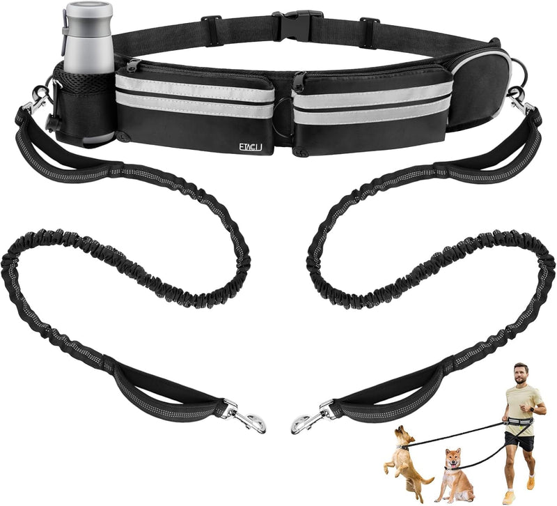 Hands Free Dog Leash for 2 Dogs - 2 Convenient Pouches on This Nifty Hands Free Leash - Padded Handles and 2 Tough Bungees - Perfect Waist Leash for Dog Walking, Running or Adventuring Waist: 28in - 49in Black - PawsPlanet Australia