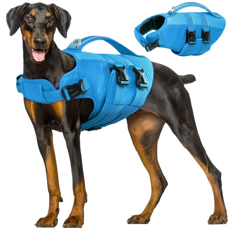 Kuoser Dog Life Jacket, High Flotation Dog Life Vest for Swimming Boating, Reflective Dog Swimming Vest Pet Life Preserver with Rescue Handle XX-Large (Chest Girth:30.7-38.5'') Blue - PawsPlanet Australia