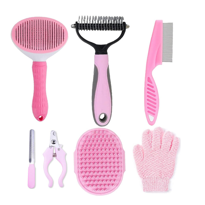 7 PCS Dog Grooming Kits,Pet Shedding Brush，Pet Self-Cleaning Brush with Pet Nail Clipper, Flea Comb and Shampoo Bath Brush A-Pink 7 Kits - PawsPlanet Australia