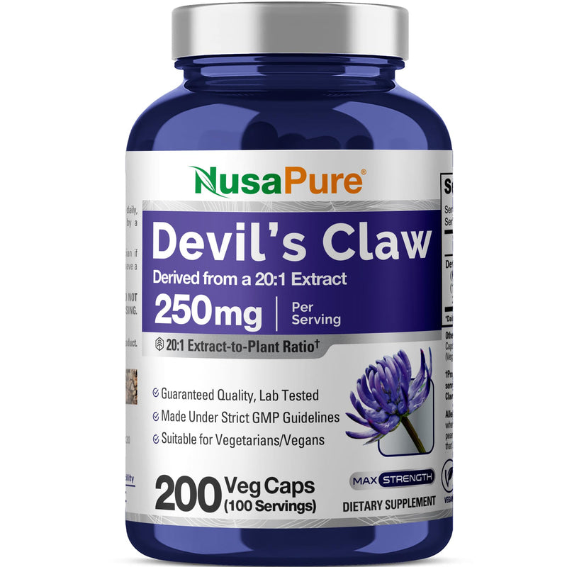 NusaPure Devil's Claw, 250 mg, 200 Veg Capsules (Non-GMO, Vegan) - PawsPlanet Australia