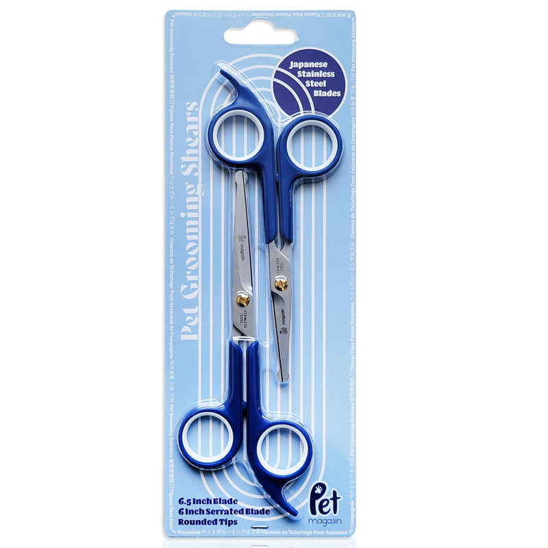 Pet Magasin Japanese Stainless Steel Grooming Scissors (2) for Facial Hair and Larger for Body Trimming with Round Tip (Blue) Blue - PawsPlanet Australia