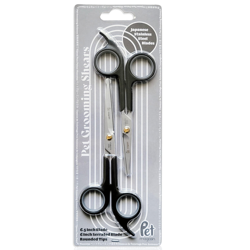 Pet Magasin Japanese Stainless Steel Grooming Scissors (2) for Facial Hair and Larger for Body Trimming with Round Tip (Black) Black - PawsPlanet Australia