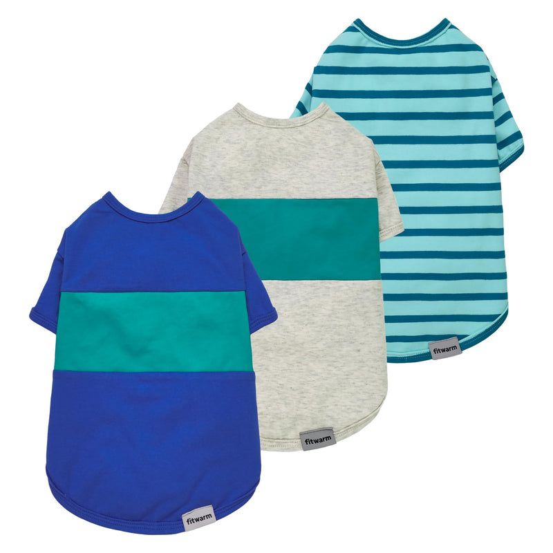 Fitwarm 3 Pack Color Block Striped Dog Shirt, Summer Dog Clothes for Small Dogs, Breathable Lightweight Pet Tshirt with Sleeves, Cat Outfit, Royal Blue, Gray, Teal, Medium RoyalBlue-Gray-Teal - PawsPlanet Australia
