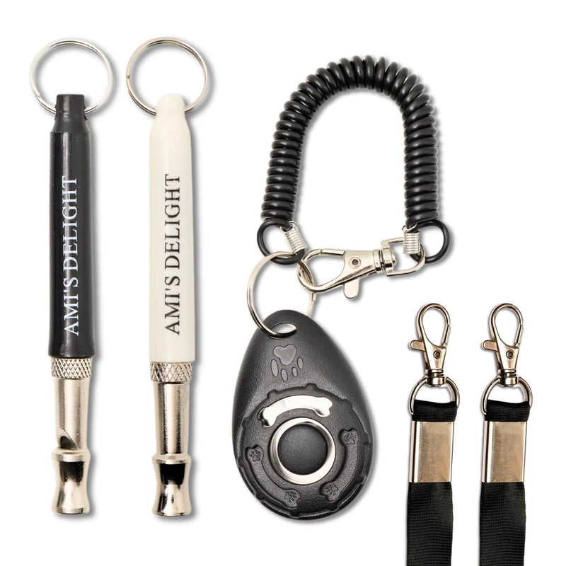 Ami's Delight Dog Whistle Set of 5 | 2PCS Premium Quality Adjustable Dog Whistles with 2 Black Lanyards and a Dog Clicker | Ultrasonic Dog Whistle to Stop Barking Neighbors Dog - PawsPlanet Australia