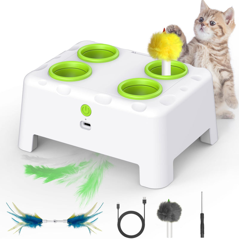 Interactive Cat Toys, 2-in-1 Automatic Cat Toy, 4 Holes Mice Whack A Mole Cat Mouse Toy with Moving Feather, Portable USB Rechargeable Electronic Kitten Toys White - PawsPlanet Australia