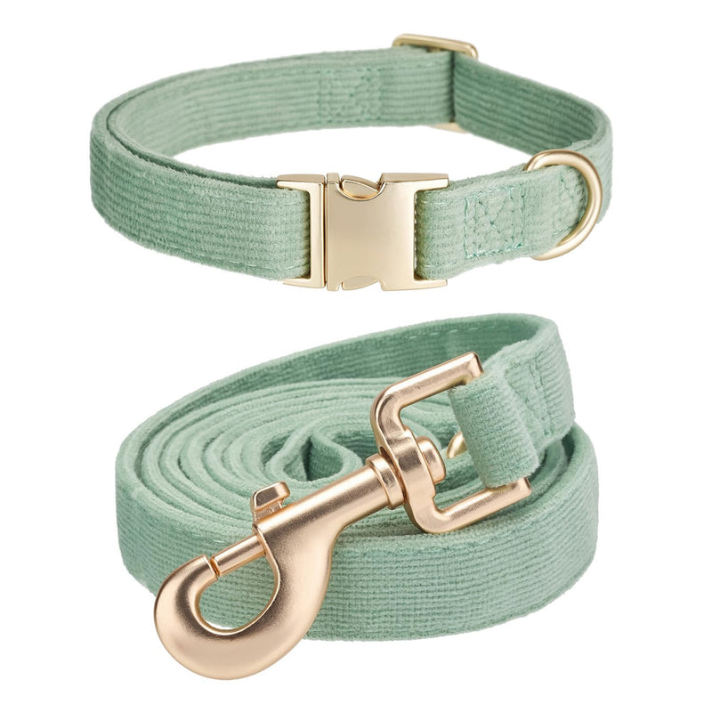 Soft Corduroy Dog Collar and Leash Set Adjustable Durable Dog Collars with Metal Buckle and Lead for Medium Dogs,Grass Green Grass Green - PawsPlanet Australia