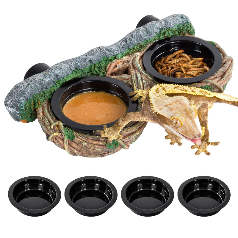 REPTI ZOO Magnetic Reptile Feeding Ledge, Gecko Feeder Ledge with 4PCS Cups, Hollow Vine Food Dish, Reptile Water Bowl for Bearded Dragon Lizard Snake, Reptile Terrarium Tank Accessories Dual Feeder - PawsPlanet Australia