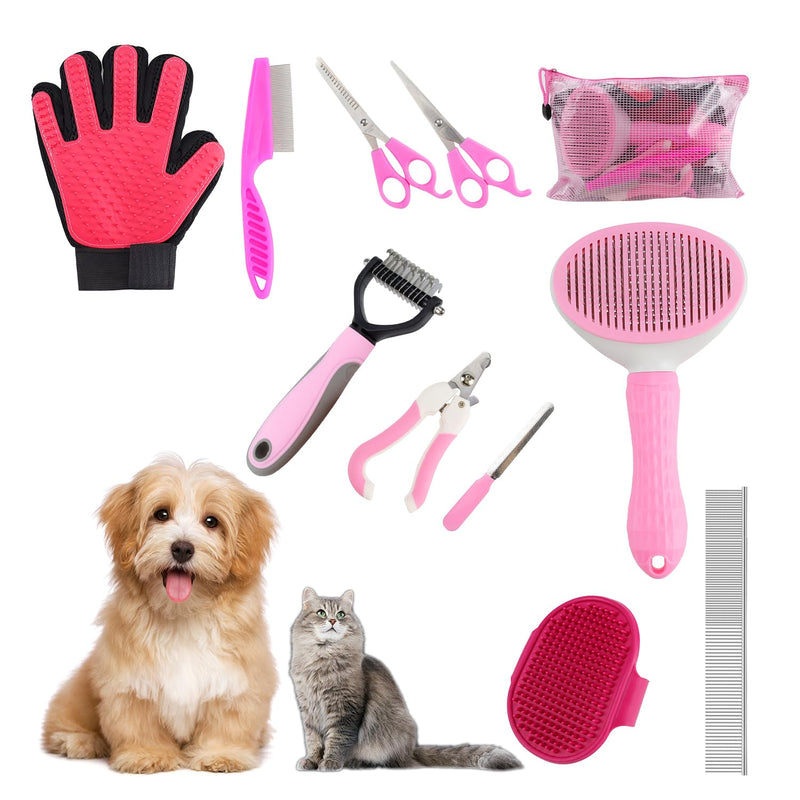 Pet Grooming Kit - 9 Pcs All-in-One Self Cleaning Set with Slicker Brush, Deshedding Tool, Scissors, Nail Clippers, and File for All Breeds and Sizes - PawsPlanet Australia