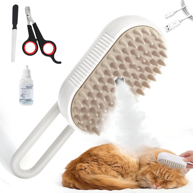 Cat Steam Brush - 5 In1 Grooming Kit for Cats and Dogs Silicone Massage Tool - Stainless Steel Nail Scissors - Hair Detangling Comb - Water Spray Rechargeable Shedding Wash-Free Essence (White) White - PawsPlanet Australia