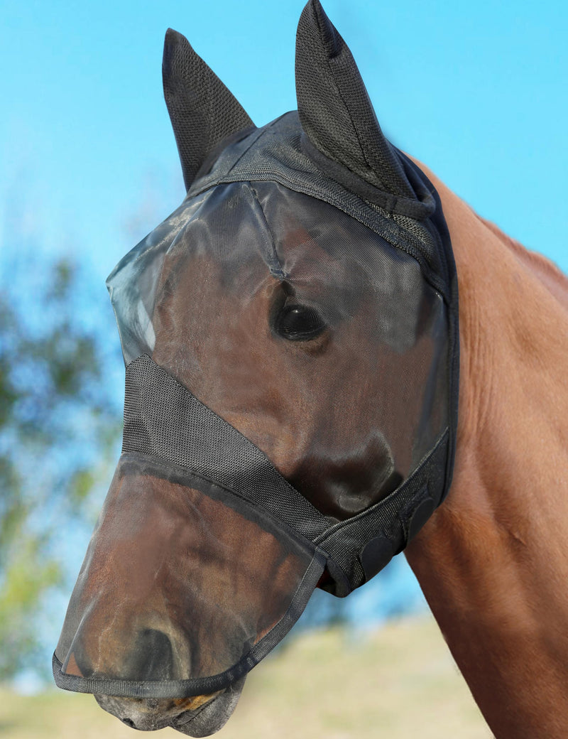 Horse Fly Mask with Long Nose and Ears, Full Face UV Protection for Horses, Smooth Fine Mesh Equine Fly Mask, L - Full Large Black - PawsPlanet Australia