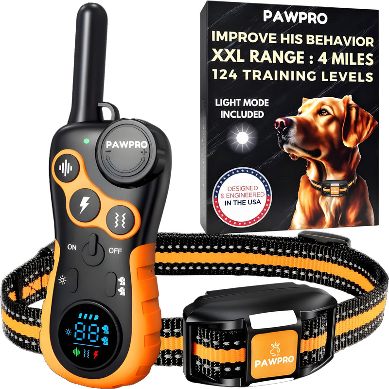 Dog Shock Collar with Remote, Unmatched 4-Mile Range, Night-Light Mode, Training Guide Included, 124 Training Levels & 4 Modes, Beep Vibration Shock, Waterproof Rechargeable, Fits All Dogs (1 Collar) 1 Collar - PawsPlanet Australia