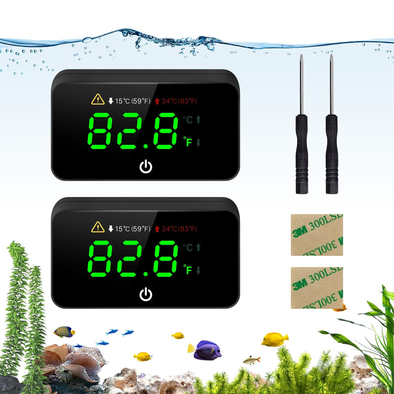 Digital Aquarium Thermometer, Stick-on Fish Tank Thermometer with LED Display, Wireless Aquarium Temperature Measurement with Battery-change Tool and Extra Sticker.(Black*2) Black-2 Pack - PawsPlanet Australia