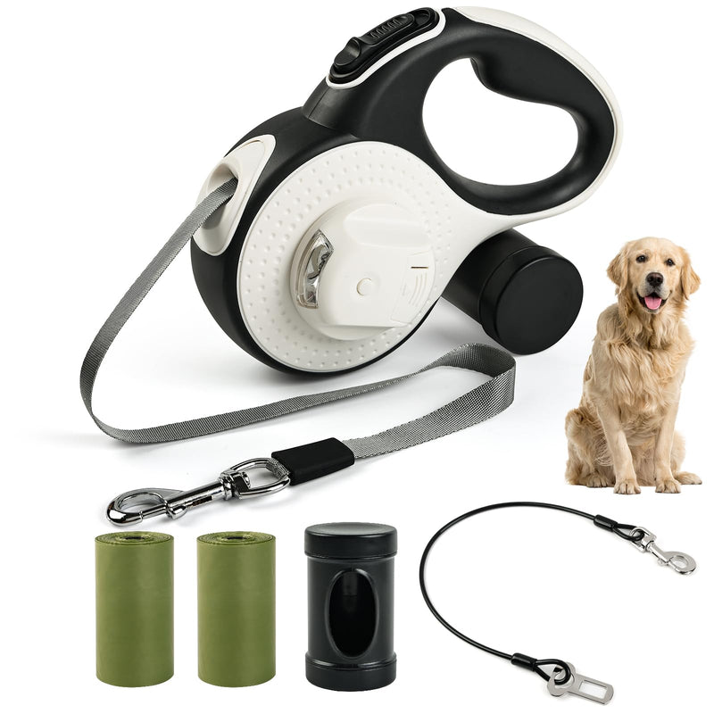 Heavy Duty Retractable Dog Leash for Large Dogs, 26ft with Chew Proof Cable, LED Light, Dispenser, 2 Poop Bags. 360° No Tangle, One Button Brake & Lock, for Dogs Up to 100Lbs. (White, 26ft) White - PawsPlanet Australia