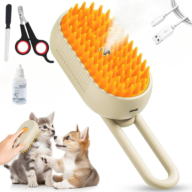 Cat Steam Brush - 5 In1 Grooming Kit for Cats and Dogs Silicone Massage Tool - Stainless Steel Nail Scissors - Hair Detangling Comb - Water Spray Rechargeable Shedding Wash-Free Essence (Khaki) Khaki - PawsPlanet Australia