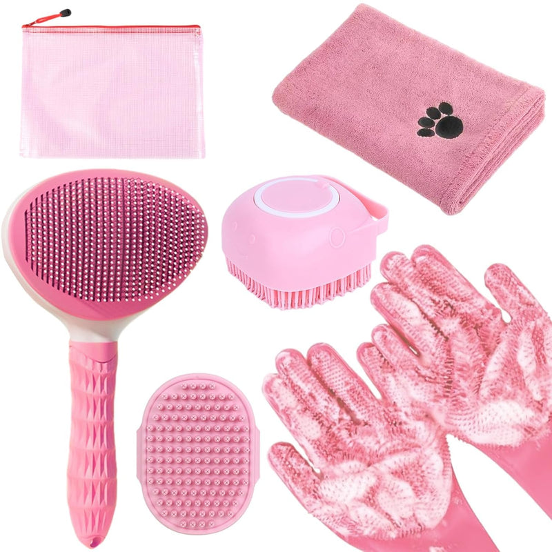 Bath Grooming Kit for Pets - Hair Brush Set with Towel, Washing Gloves, and Shampoo Scrubber Brush for Dogs and Cats (Pink) 6-Bath-Pink - PawsPlanet Australia