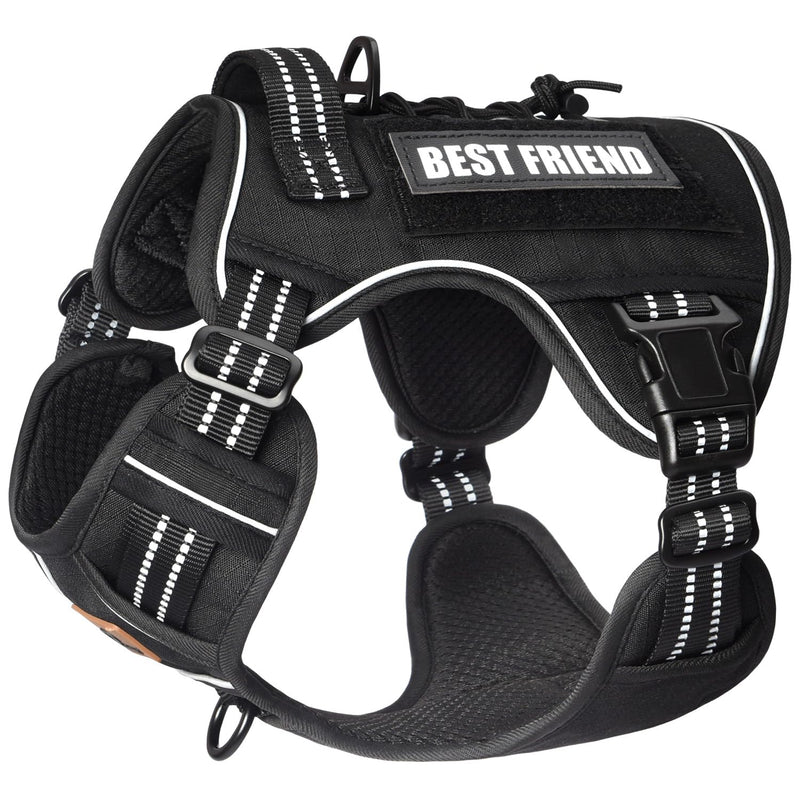 PET MARVEL Heavy Duty Dog Harness with Handle, No Pull Adjustable Outdoor Vest with Metal Buckles, MOLLE Panel & Reflective Strips for Medium Large Dogs M(Neck:16-22",Chest:22-33") Black
